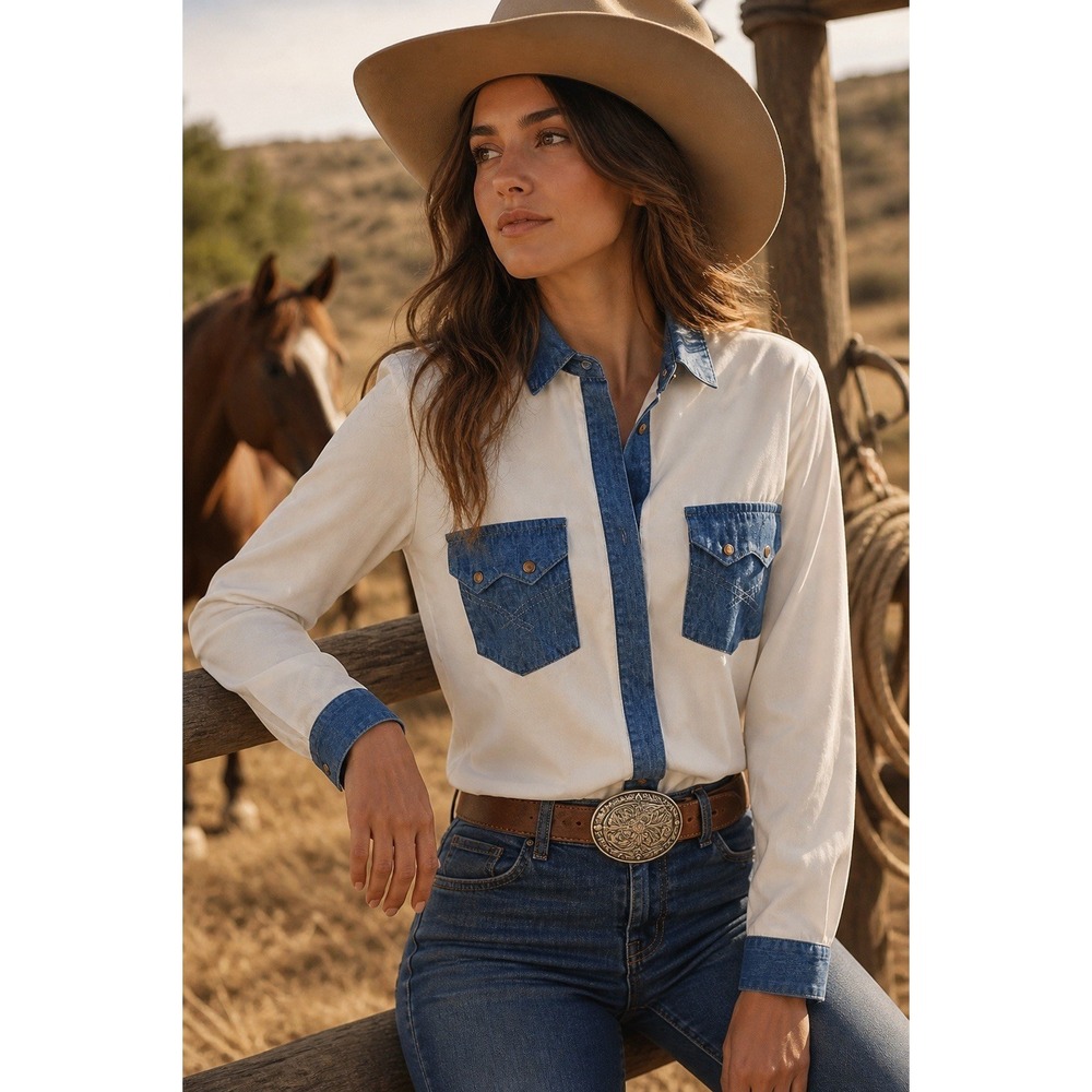 Insight Western Chambray Contrast Blouse Sheer‎ White Button Shirt Sz 2